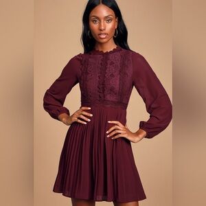 NWT Lulu’s Charlisa Burgundy Lace Long Sleeve Skater Dress $68 MSRP
